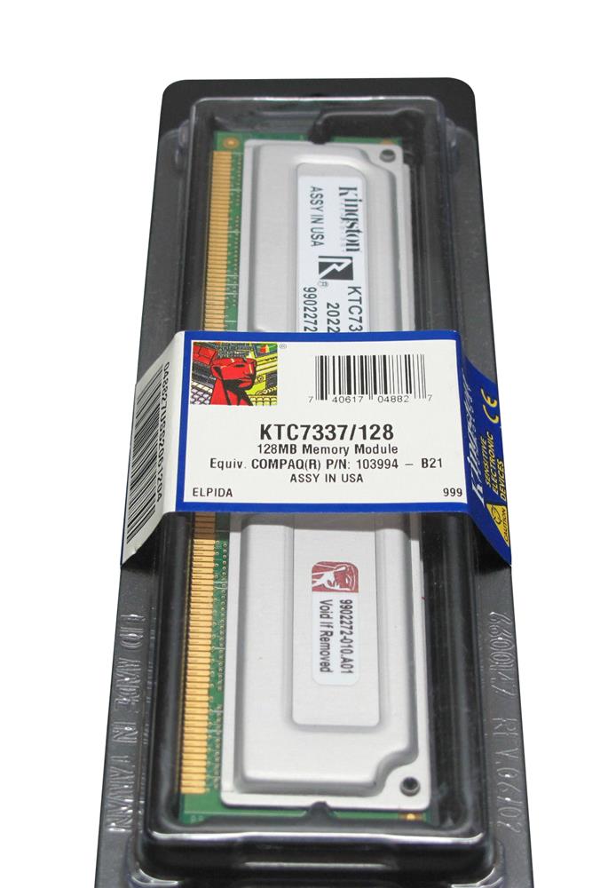 KTC7337/128 Kingston 128MB PC700 700MHz ECC 2.5V 184-Pin RDRAM RIMM Memory Module For HP/Compaq 103994-B21, 157337-B21, 158264-001