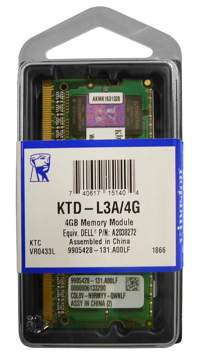 KTD-L3A/4G Kingston 4GB PC3-8500 DDR3-1066MHz non-ECC Unbuffered CL7 204-Pin SoDimm Dual Rank Memory Module