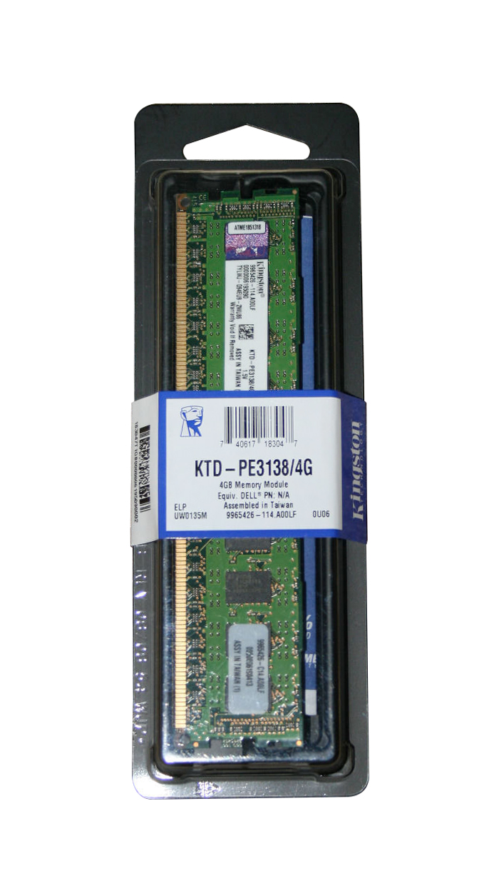 KTD-PE3138/4G Kingston 4GB PC3-10600 DDR3-1333MHz ECC Registered CL9 240-Pin DIMM Dual Rank x8 Memory Module for Dell