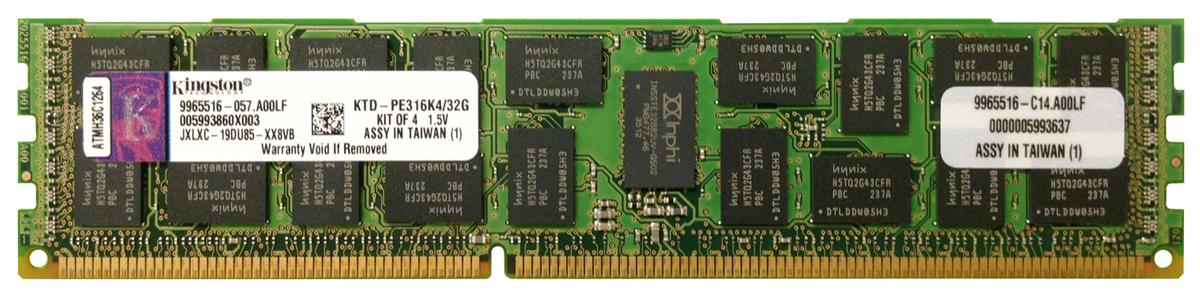 KTD-PE316K4/32G Kingston 32GB Kit (4 X 8GB) PC3-12800 DDR3-1600MHz ECC Registered CL11 240-Pin DIMM Dual Rank Memory for Dell