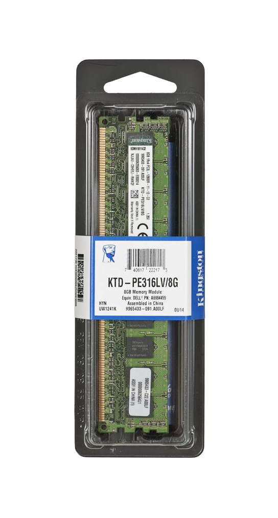 KTD-PE316LV/8G Kingston 8GB PC3-12800 DDR3-1600MHz ECC Registered CL11 240-Pin DIMM 1.35V Low Voltage Memory Module