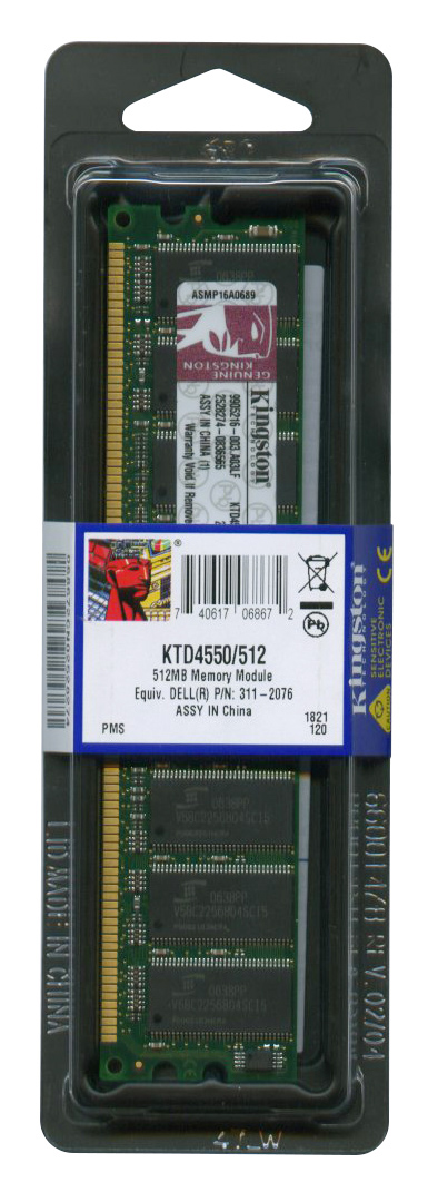 KTD4550/512 Kingston 512MB PC2700 DDR-333MHz non-ECC Unbuffered CL2.5 184-Pin DIMM 2.5V Memory Module for Dell 311-2076; A0136892; A0388037