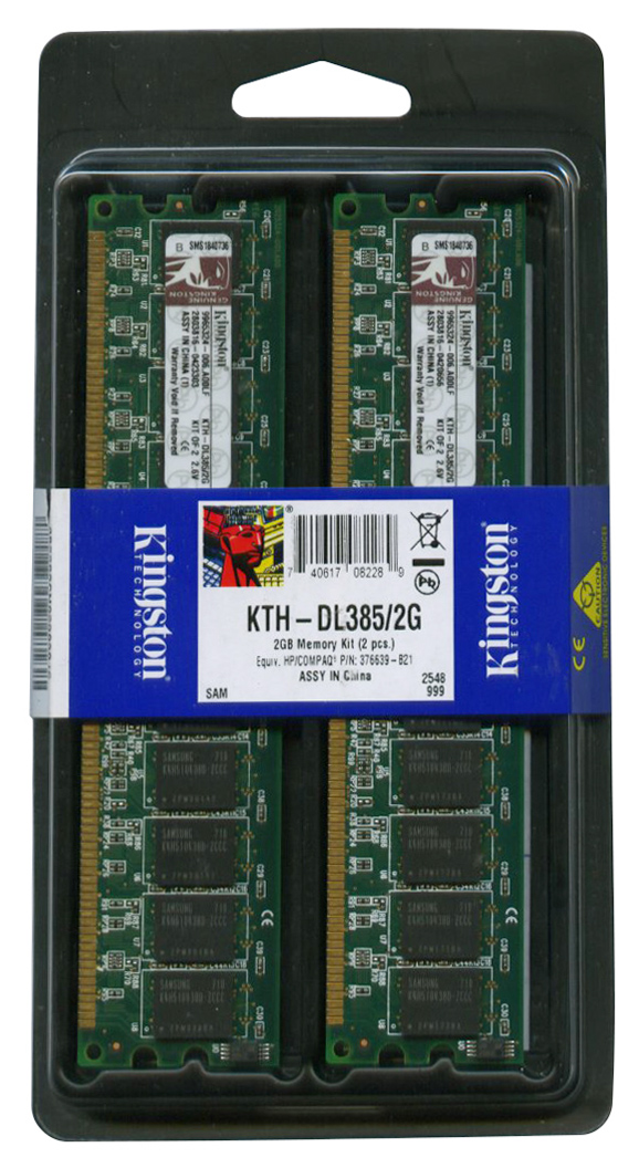 KTH-DL385/2G Kingston 2GB Kit (2 X 1GB) PC3200 DDR-400MHz Registered ECC CL3 184-Pin DIMM 2.5V Single Rank Memory for HP/Compaq 376639-B21, PP640AV, PP655A