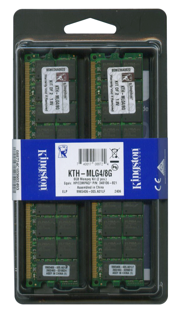 KTH-MLG4/8G Kingston 8GB Kit (2 X 4GB) PC2-3200 DDR2-400MHz ECC Registered CL3 240-Pin DIMM Dual Rank Memory for HP/Compaq 348106-B21, 404122-B21