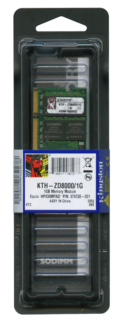 KTH-ZD8000/1G Kingston 1GB PC2-3200 DDR2-400MHz non-ECC Unbuffered CL3 200-Pin SoDimm Memory Module for HP/Compaq 374726-001