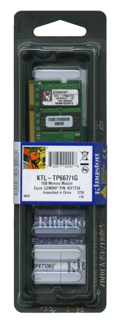 KTL-TP667/1G Kingston 1GB PC2-5300 DDR2-667MHz non-ECC Unbuffered CL5 200-Pin SoDimm Dual Rank Memory Module for Lenovo
