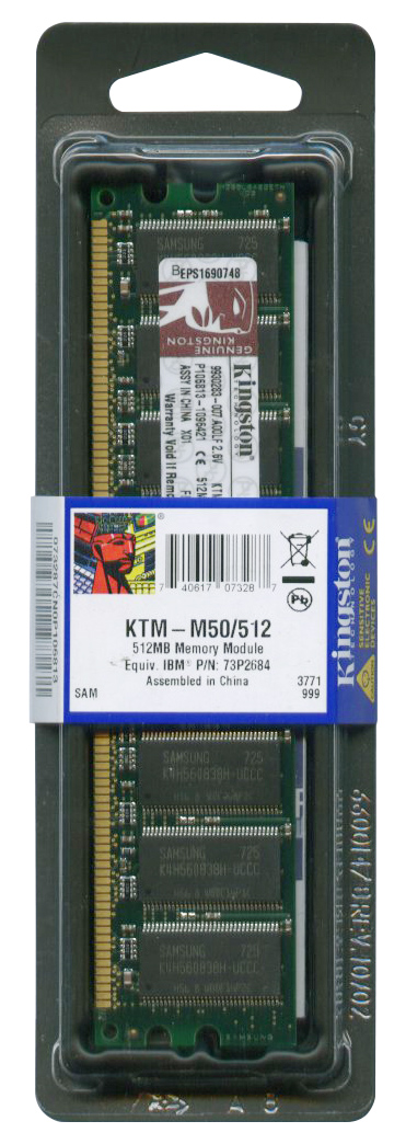 KTM-M50/512 Kingston 512MB PC3200 DDR-400MHz non-ECC Unbuffered CL3 184-Pin DIMM Memory Module 73P2684; 73P2686; FRU 33R4966