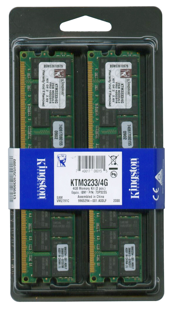 KTM3233/4G Kingston 4GB Kit (2 X 2GB) PC3200 DDR-400MHz Registered ECC CL3 184-Pin DIMM 2.5V Memory for IBM 39M5806; 73P3235; 73P3238; FRU 40D2916