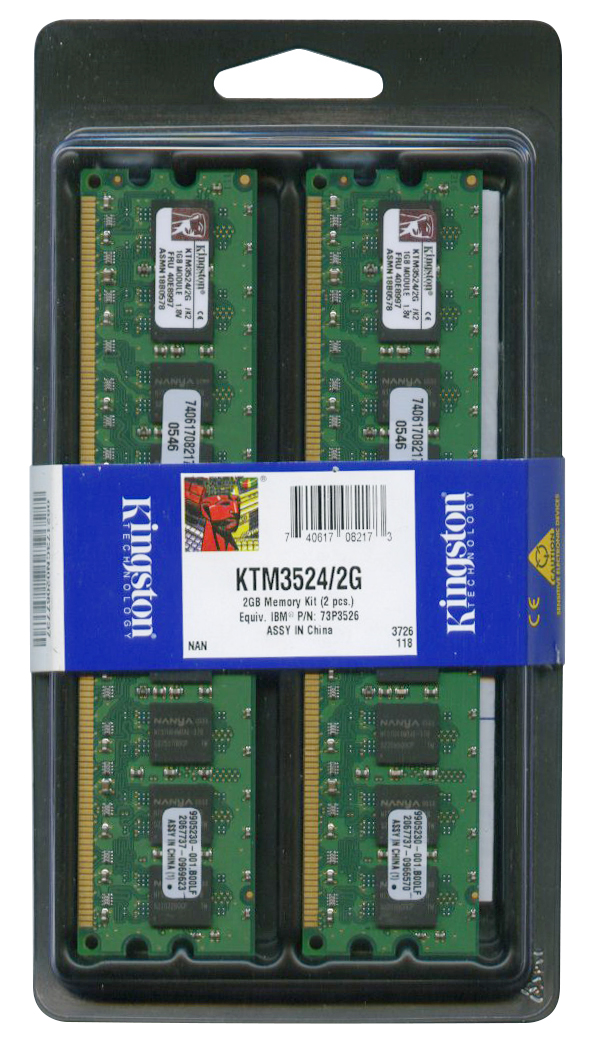 KTM3524/2G Kingston 2GB Kit (2 X 1GB) PC2-3200 DDR2-400MHz ECC Unbuffered CL3 240-Pin DIMM Memory for IBM 73P3526; 40E8997