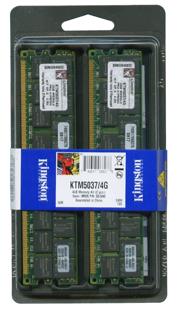 KTM5037/4G Kingston 4GB Kit (2 X 2GB) PC2100 DDR-266MHz Registered ECC CL2.5 184-Pin DIMM 2.5V Memory for IBM 09N4309 (2PCS), 33L5040 (2PCS), 73P4129, FRU 41P0252