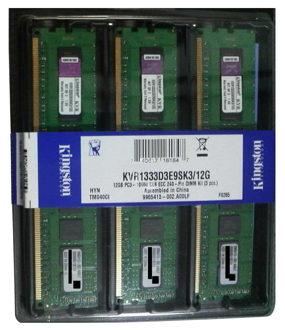 KVR1333D3E9SK3/12G Kingston 12GB Kit (3 X 4GB) PC3-10600 DDR3-1333MHz ECC Unbuffered CL9 240-Pin DIMM Dual Rank Memory (Kit of 3) w/Thermal Sensor