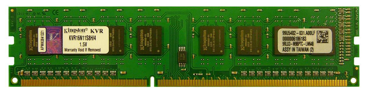 KVR16N11S8H/4 Kingston 4GB PC3-12800 DDR3-1600MHz non-ECC Unbuffered CL11 240-Pin DIMM Single Rank x8 Memory Module (STD Height 30mm)