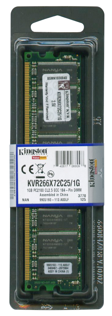 KVR266X72C25/1G Kingston 1GB PC2100 DDR-266MHz ECC Unbuffered CL2.5 184-Pin DIMM Memory Module