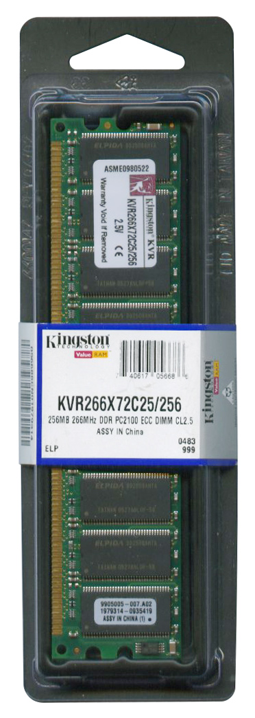 KVR266X72C25/256 Kingston 256MB PC2100 DDR-266MHz ECC Unbuffered CL2.5 184-Pin DIMM Memory Module