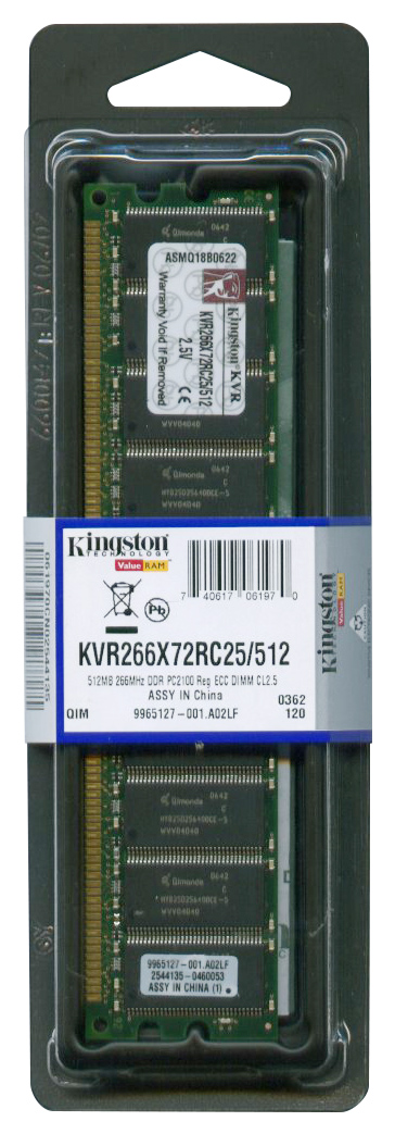KVR266X72RC25/512 Kingston 512MB PC2100 DDR-266MHz Registered ECC CL2.5 184-Pin DIMM 2.5V Single Rank Memory Module