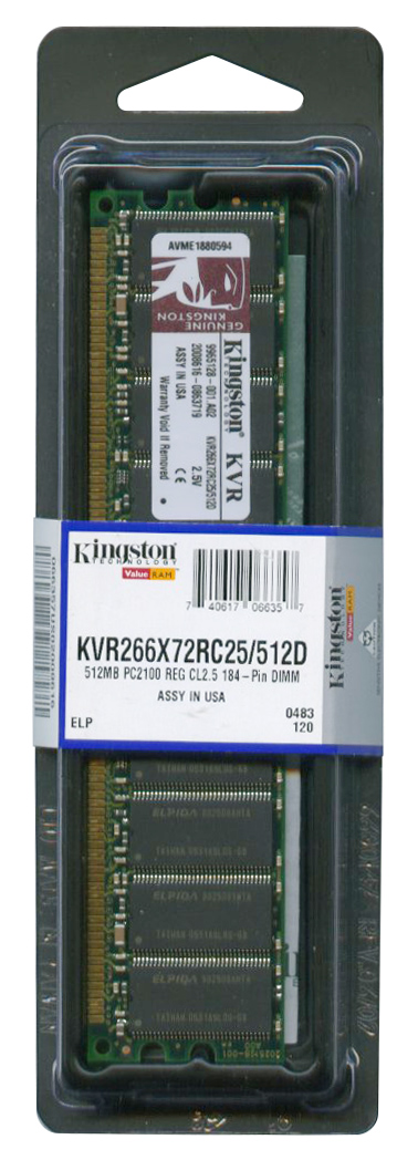 KVR266X72RC25/512D Kingston 512MB PC2100 DDR-266MHz Registered ECC CL2.5 184-Pin DIMM 2.5V Dual Rank Memory Module