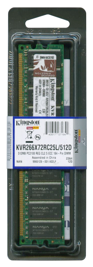 KVR266X72RC25L/512D Kingston 512MB PC2100 DDR-266MHz Registered ECC CL2.5 184-Pin DIMM 2.5V Dual Rank Memory Module