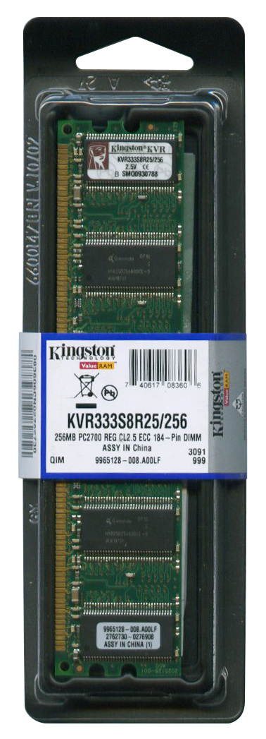 KVR333S8R25/256 Kingston 256MB PC2700 DDR-333MHz Registered ECC CL2.5 184-Pin DIMM 2.5V Single Rank x8 Memory Module