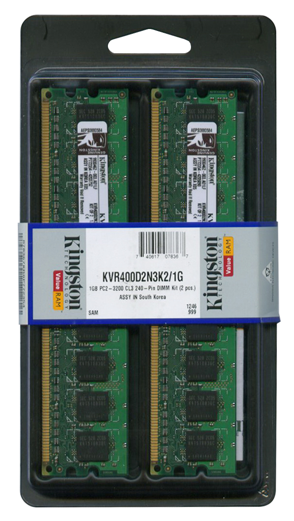 KVR400D2N3K2/1G Kingston 1GB Kit (2 X 512MB) PC2-3200 DDR2-400MHz non-ECC Unbuffered CL3 240-Pin DIMM Memory