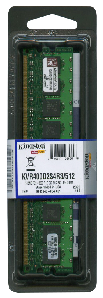 KVR400D2S4R3/512 Kingston 512MB PC2-3200 DDR2-400MHz ECC Registered CL3 240-Pin DIMM Single Rank Memory Module