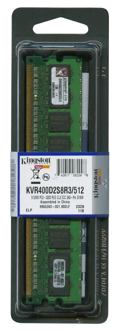 KVR400D2S8R3/512 Kingston 512MB PC2-3200 DDR2-400MHz ECC Registered CL3 240-Pin DIMM Single Rank Memory Module