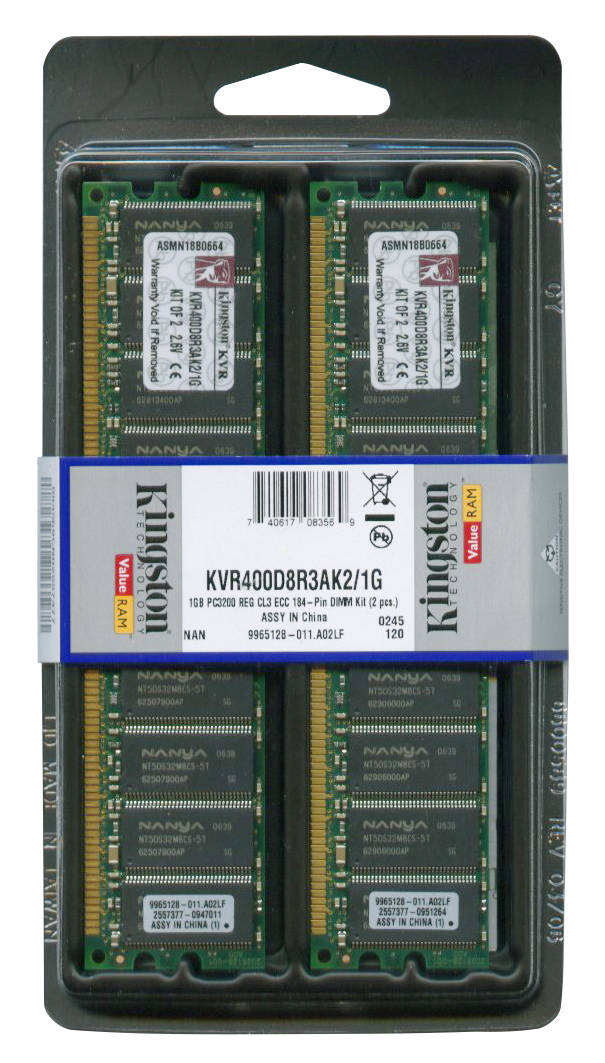KVR400D8R3AK2/1G Kingston 1GB Kit (2 X 512MB) PC3200 DDR-400MHz ECC CL3 (3-3-3) 184-Pin DIMM Memory Dual Rank