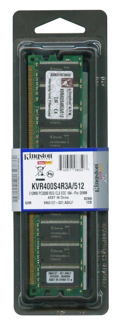 KVR400S4R3A/512 Kingston 512MB PC3200 DDR-400MHz Registered ECC CL3 184-Pin DIMM 2.5V Single Rank x4 Memory Module