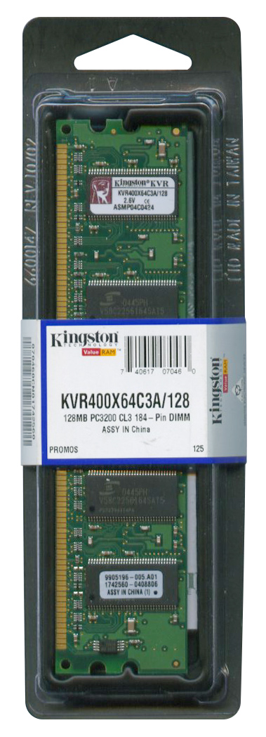 KVR400X64C3A/128 Kingston 128MB PC3200 DDR-400MHz non-ECC Unbuffered CL3 (3-3-3) 184-Pin DIMM Memory Module