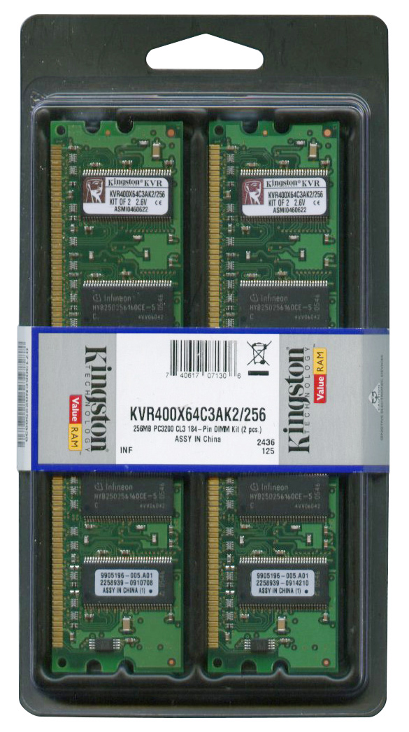 KVR400X64C3AK2/256 Kingston 256MB Kit (2 X 128MB) PC3200 DDR-400MHz non-ECC Unbuffered CL3 184-Pin DIMM Memory