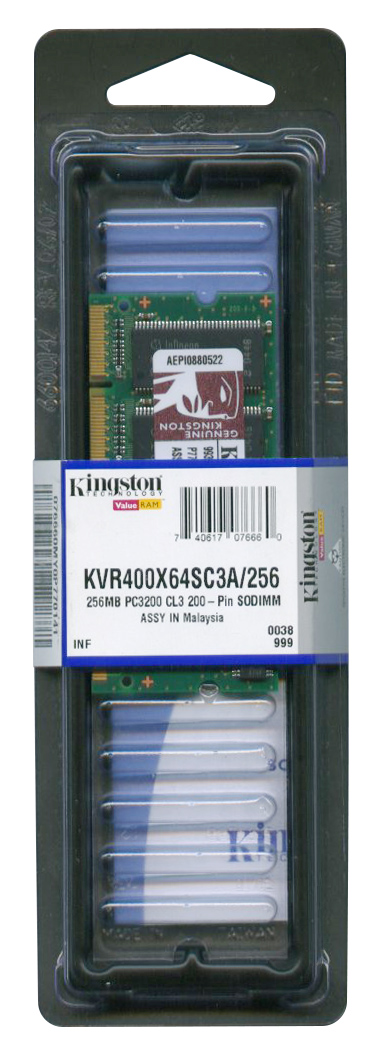 KVR400X64SC3A/256 Kingston 256MB PC3200 DDR-400MHz non-ECC Unbuffered CL3 200-Pin SoDimm Memory Module