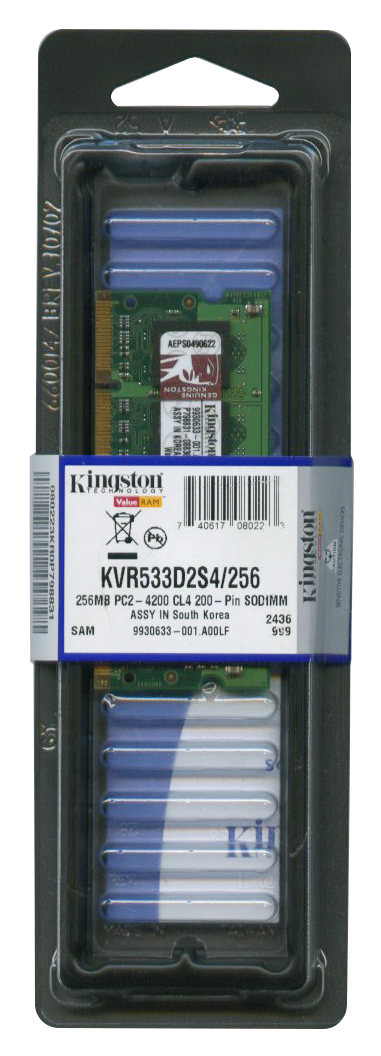 KVR533D2S4/256 Kingston 256MB PC2-4200 DDR2-533MHz non-ECC Unbuffered CL4 200-Pin SoDimm Memory Module