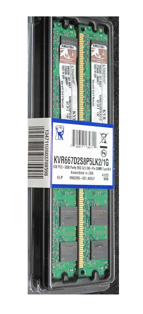KVR667D2S8P5LK2/1G Kingston 1GB Kit (2 X 512MB) PC2-5300 DDR2-667MHz ECC Registered CL5 240-Pin DIMM Very Low Profile (VLP) Single Rank x8 Memory
