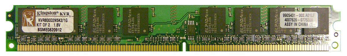 KVR800D2N5K2/1G Kingston 1GB Kit (2 X 512MB) PC2-6400 DDR2-800MHz non-ECC Unbuffered CL5 240-Pin DIMM Single Rank Memory