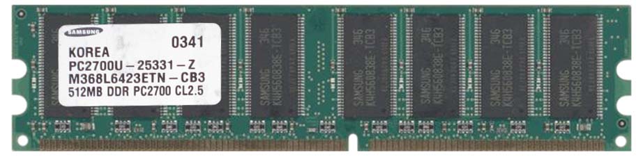M368L6423ETN-CB3 Samsung 512MB PC2700 DDR-333MHz non-ECC Unbuffered CL2.5 184-Pin DIMM 2.5V Memory Module
