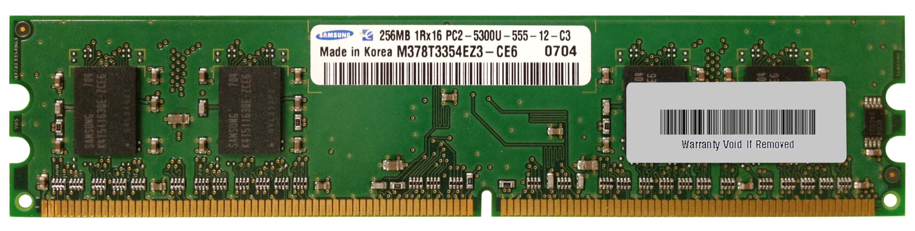 M378T3354EZ3-CE6 Samsung 256MB PC2-5300 DDR2-667MHz non-ECC Unbuffered CL5 240-Pin DIMM Single Rank Mmory Module