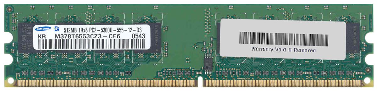 M378T6553CZ3-CE6 Samsung 512MB PC2-5300 DDR2-667MHz non-ECC Unbuffered CL5 240-Pin DIMM Single Rank Memory Module
