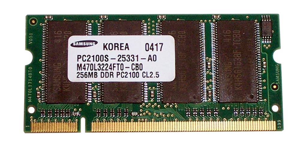 M470L3224FT0-CB0 Samsung 256MB PC2100 DDR-266MHz non-ECC Unbuffered CL2.5 200-Pin SoDimm Memory Module