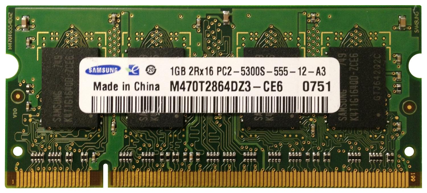 M470T2864DZ3-CE6 Samsung 1GB PC2-5300 DDR2-667MHz non-ECC Unbuffered CL5 200-Pin SoDimm Dual Rank Memory Module