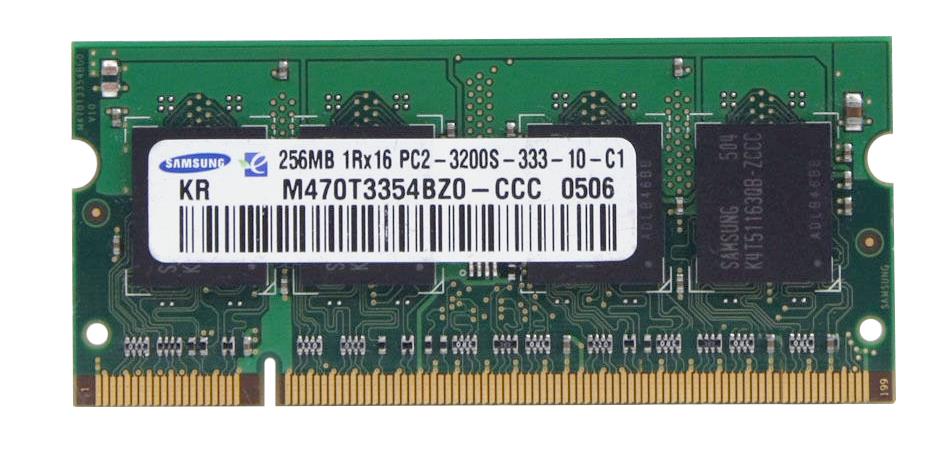 M470T3354BZ0-CCC Samsung 256MB PC2-3200 DDR2-400MHz non-ECC Unbuffered CL3 200-Pin SoDimm Single Rank Memory Module