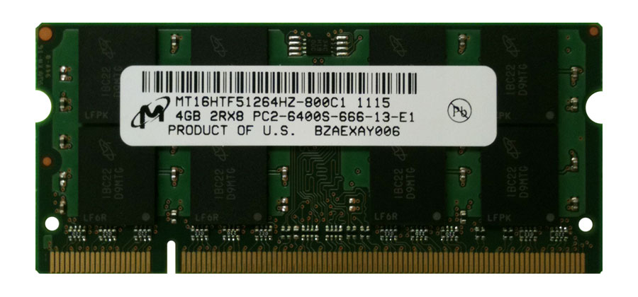 MT16HTF51264HZ-800C1 Micron 4GB PC2-6400 DDR2-800MHz non-ECC Unbuffered CL6 200-Pin SoDimm Dual Rank Memory Module