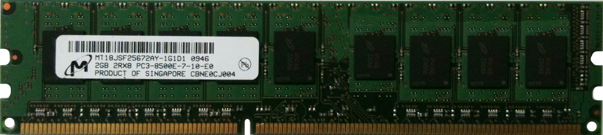MT18JSF25672AY-1G1D1 Micron 2GB PC3-8500 DDR3-1066MHz ECC Unbuffered CL7 240-Pin DIMM Dual Rank Memory Module