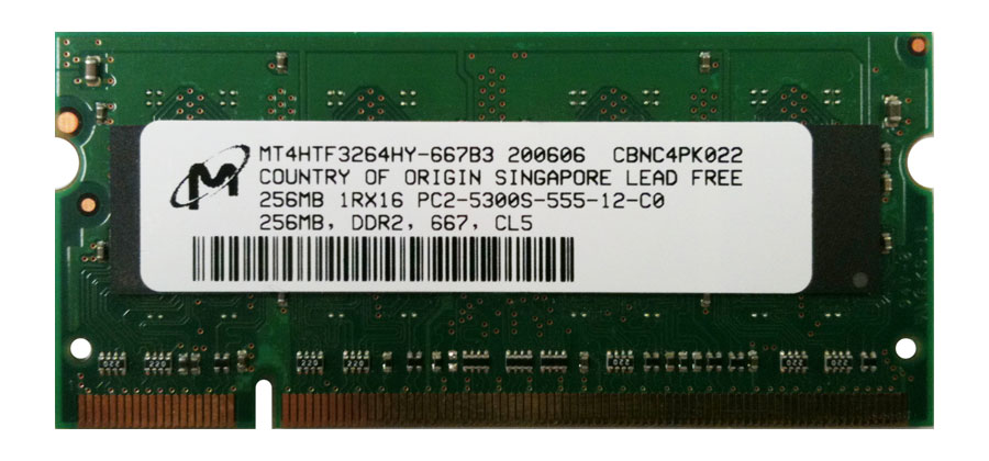 MT4HTF3264HY-667B3 Micron 256MB PC2-5300 DDR2-667MHz non-ECC Unbuffered CL5 200-Pin SoDimm Single Rank Memory Module