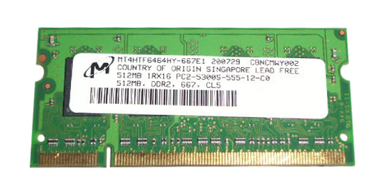 MT4HTF6464HY-667 Micron 512MB PC2-5300 DDR2-667MHz non-ECC Unbuffered CL5 200-Pin SoDimm Single Rank Memory Module