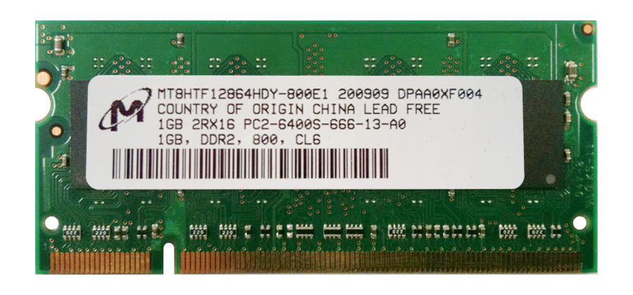 MT8HTF12864HDY-800E1 Micron 1GB PC2-6400 DDR2-800MHz non-ECC Unbuffered CL6 200-Pin SoDimm Dual Rank Memory Module