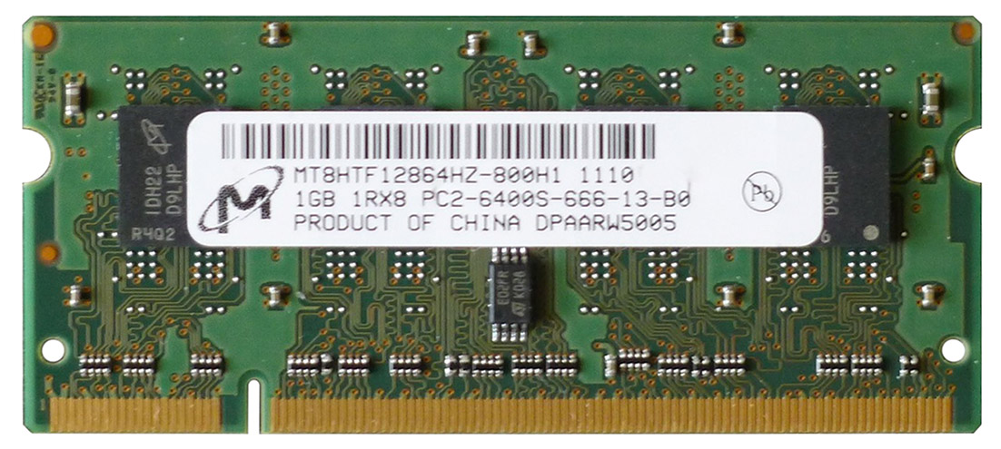 MT8HTF12864HZ-800H1 Micron 1GB PC2-6400 DDR2-800MHz non-ECC Unbuffered CL6 200-Pin SoDimm Single Rank Memory Module