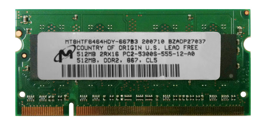 MT8HTF6464HDY-667B3 Micron 512MB PC2-5300 DDR2-667MHz non-ECC Unbuffered CL5 200-Pin SoDimm Dual Rank Memory Module