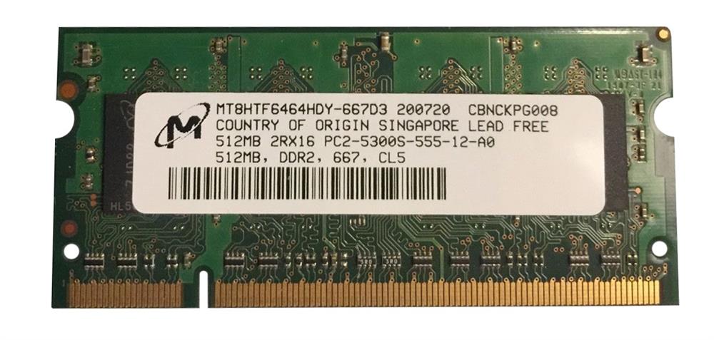 MT8HTF6464HDY-667D3 Micron 512MB PC2-5300 DDR2-667MHz non-ECC Unbuffered CL5 200-Pin SoDimm Dual Rank Memory Module