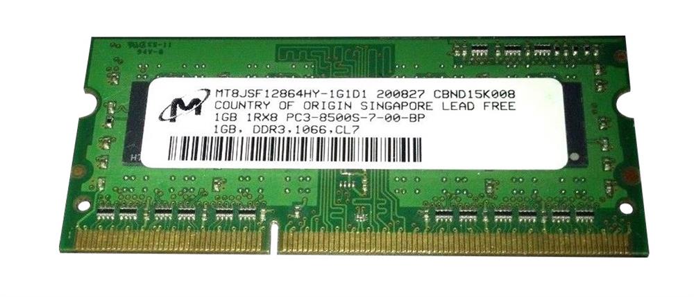MT8JSF12864HY-1G1D1 Micron 1GB PC3-8500 DDR3-1066MHz non-ECC Unbuffered CL7 204-Pin SoDimm Single Rank Memory Module