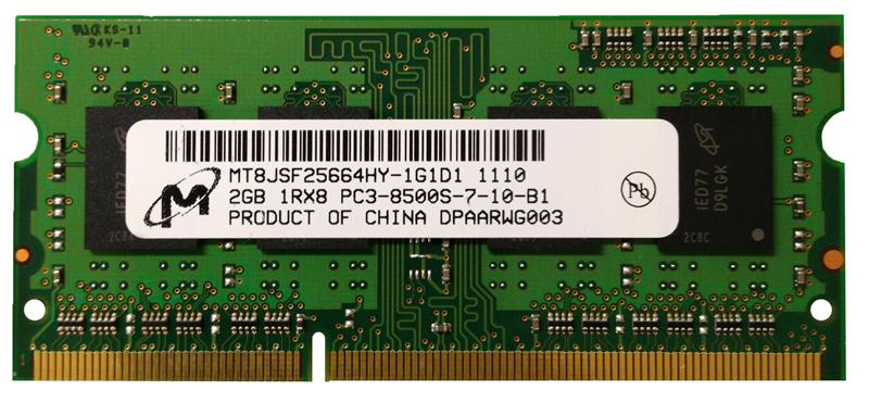 MT8JSF25664HY-1G1 Micron 2GB PC3-8500 DDR3-1066MHz non-ECC Unbuffered CL7 204-Pin SoDimm Single Rank Memory Module