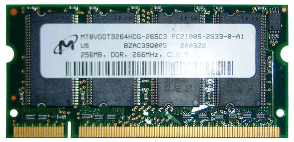 MT8VDDT3264HDG-265 Micron 256MB PC2100 DDR-266MHz non-ECC Unbuffered CL2.5 200-Pin SoDimm Memory Module